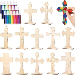 Bucherry Color Your Own Cross Kit Wood Christian Religious DIY Coloring Craft Kit Coloring Easter Table Centerpiece with Watercolor Pen for Classroom Church Easter Party Art Craft Project (12 Pack)
