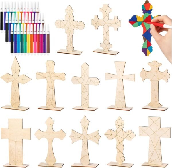 Bucherry Color Your Own Cross Kit Wood Christian Religious DIY Coloring Craft Kit Coloring Easter Table Centerpiece with Watercolor Pen for Classroom Church Easter Party Art Craft Project (12 Pack)