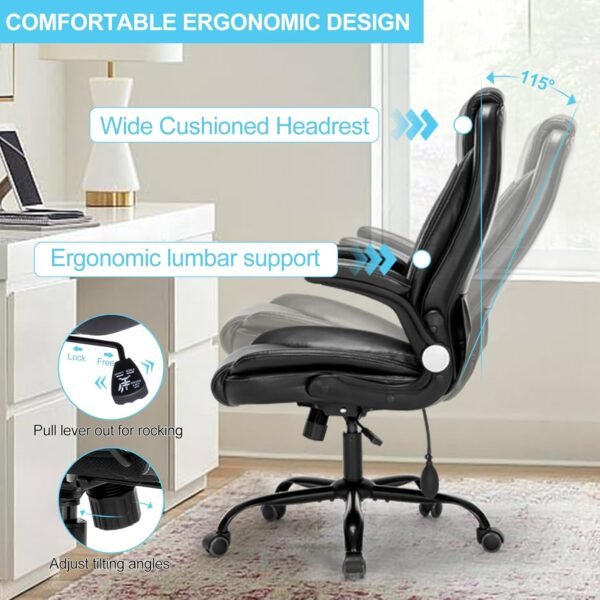 Office Chair Desk Chair High Back Computer Chair - Adjustable Lumbar Support with Flip-Up Arms PU Leather with Spring Cushion