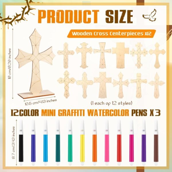 Bucherry Color Your Own Cross Kit Wood Christian Religious DIY Coloring Craft Kit Coloring Easter Table Centerpiece with Watercolor Pen for Classroom Church Easter Party Art Craft Project (12 Pack) - Image 2