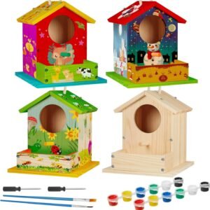 Liliful 8 Pack Wooden Birdhouse Kit DIY Bird House with Paint and Paintbrushes Art and Crafts Painting Kits for Boys Girls Adults Build Paint Classroom Birthday Indoor Outdoor Craft