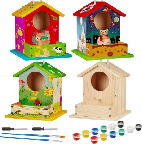 Liliful 8 Pack Wooden Birdhouse Kit DIY Bird House with Paint and Paintbrushes Art and Crafts Painting Kits for Boys Girls Adults Build Paint Classroom Birthday Indoor Outdoor Craft