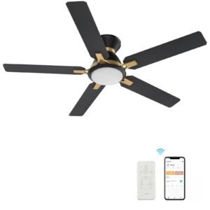 Smaair 52" 5-Blade Flush Mount Smart Ceiling Fan with Dim LED Light and Remote